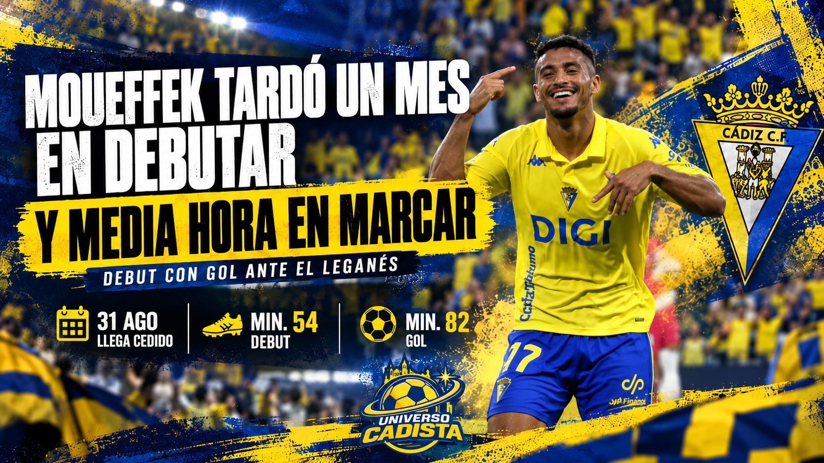 Montaje con Aimen Moueffek celebrando y señalándose el dorsal 17 del Cádiz: llegó cedido el 31 de agosto, debutó en el minuto 54 ante el Leganés y marcó en el 83