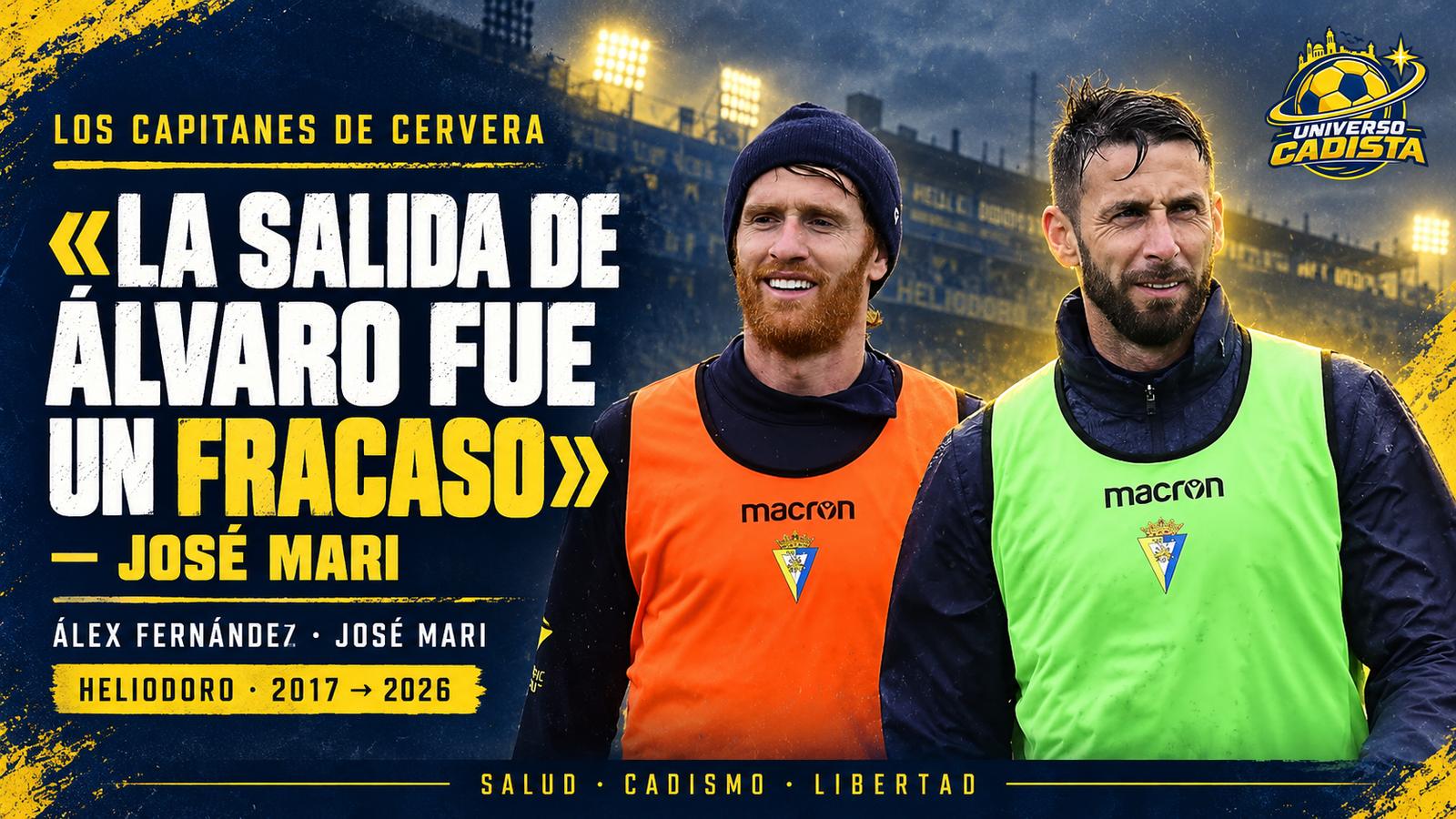 Montaje con Álex Fernández y José Mari juntos sobre el césped del Heliodoro con la frase de José Mari, «la salida de Álvaro fue un fracaso»