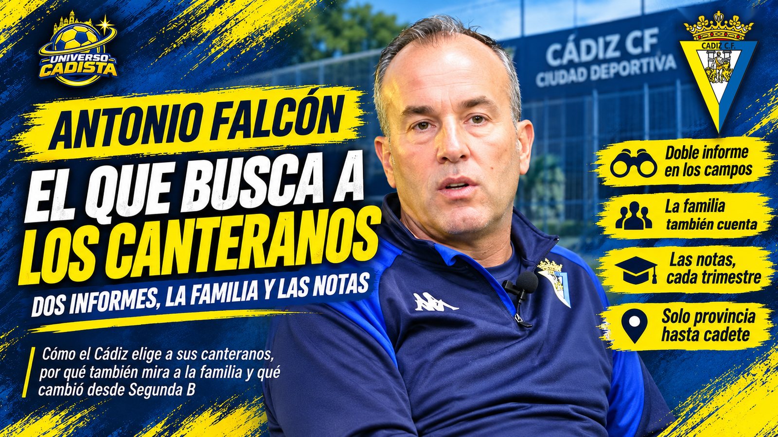 Montaje de Universo Cadista sobre Antonio Falcón, responsable de captación de la cantera del Cádiz CF, con las claves de cómo el club elige a sus canteranos