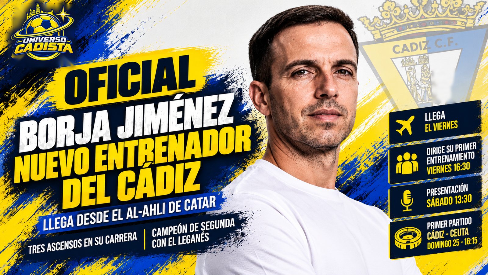 Montaje de Universo Cadista: oficial, Borja Jiménez, nuevo entrenador del Cádiz, junto al escudo del club; llega desde el Al-Ahli de Catar, llega el viernes, dirige su primer entrenamiento el viernes a las 16:30, presentación el sábado a las 13:30 y primer partido Cádiz-Ceuta el domingo 25 a las 16:15