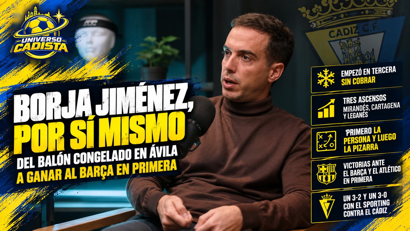 Montaje de Universo Cadista: Borja Jiménez, sentado ante un micrófono, por sí mismo, del balón congelado en Ávila a ganar al Barça en Primera; empezó en Tercera sin cobrar, tres ascensos, primero la persona y luego la pizarra, victorias ante el Barça y el Atlético, y un 3-2 y un 3-0 contra el Cádiz con el Sporting