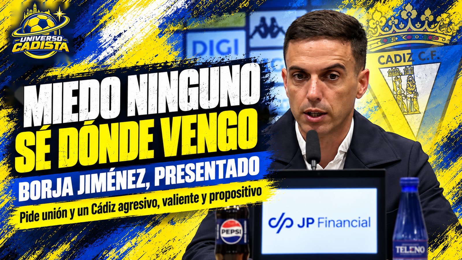 Montaje de Universo Cadista: Borja Jiménez en la sala de prensa del JP Financial Estadio; miedo ninguno, sé dónde vengo; Borja Jiménez, presentado; pide unión y un Cádiz agresivo, valiente y propositivo