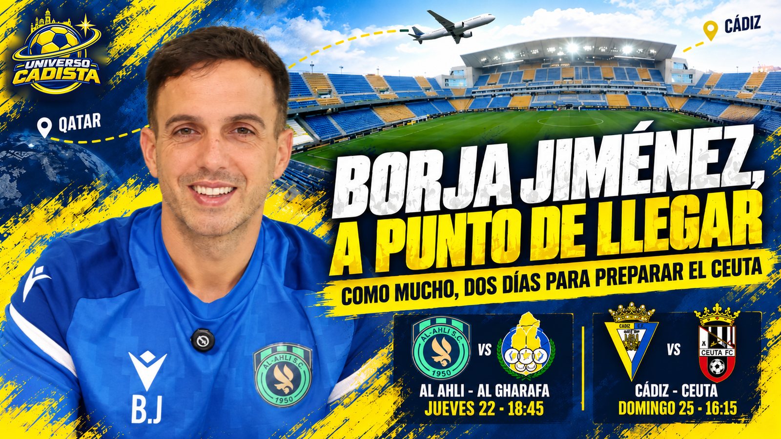 Montaje ilustrativo de Universo Cadista con Borja Jiménez, un avión de Catar a Cádiz sobre el estadio y el titular a punto de llegar, como mucho dos días para preparar el Ceuta, con los partidos Al Ahli–Al Gharafa del jueves 22 y Cádiz–Ceuta del domingo 25
