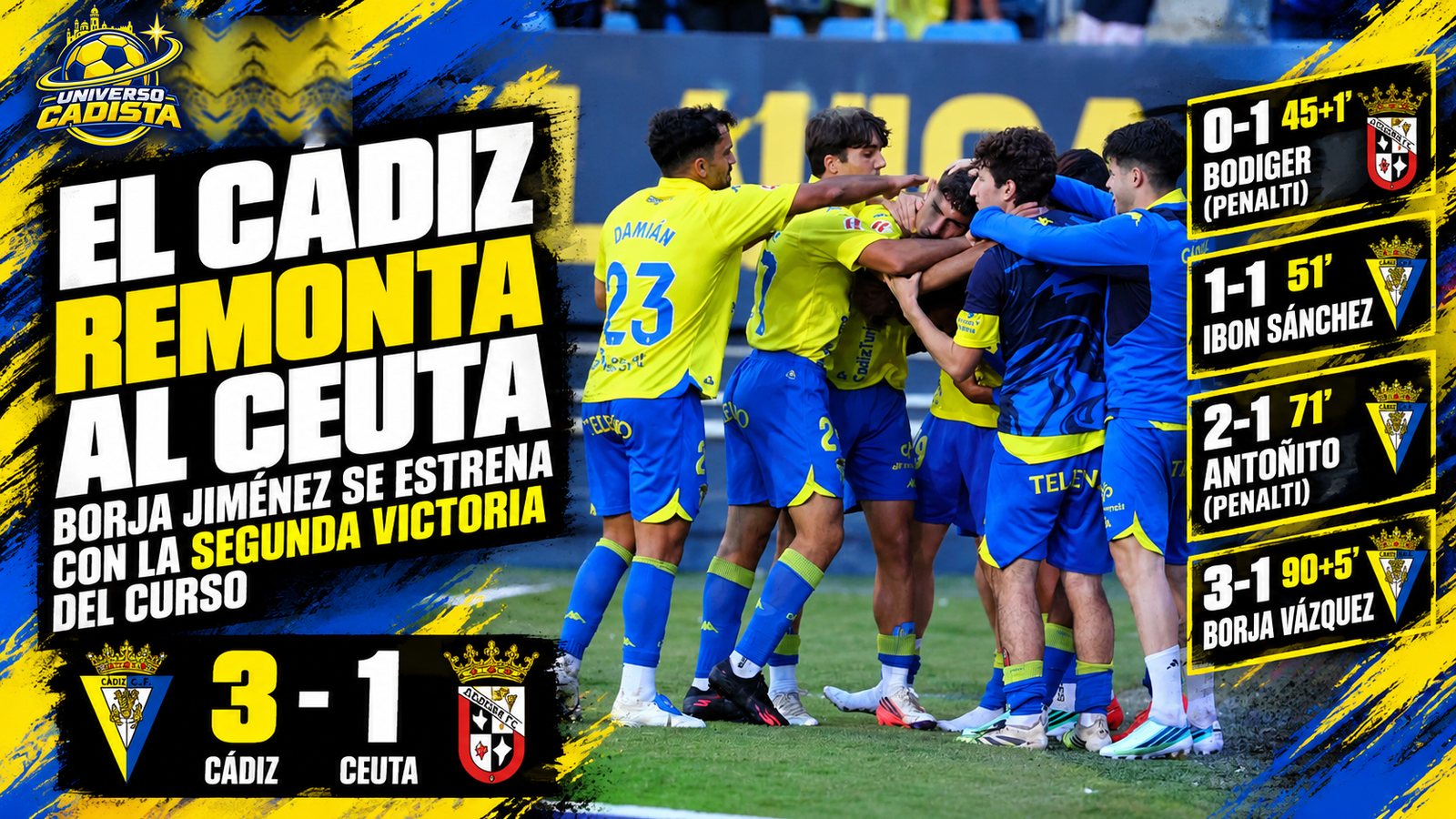 Montaje de Universo Cadista: los jugadores del Cádiz celebran un gol en piña ante el Ceuta; el Cádiz remonta al Ceuta, Borja Jiménez se estrena con la segunda victoria del curso; 3-1, goles de Bodiger de penalti, Ibon Sánchez, Antoñito de penalti y Borja Vázquez