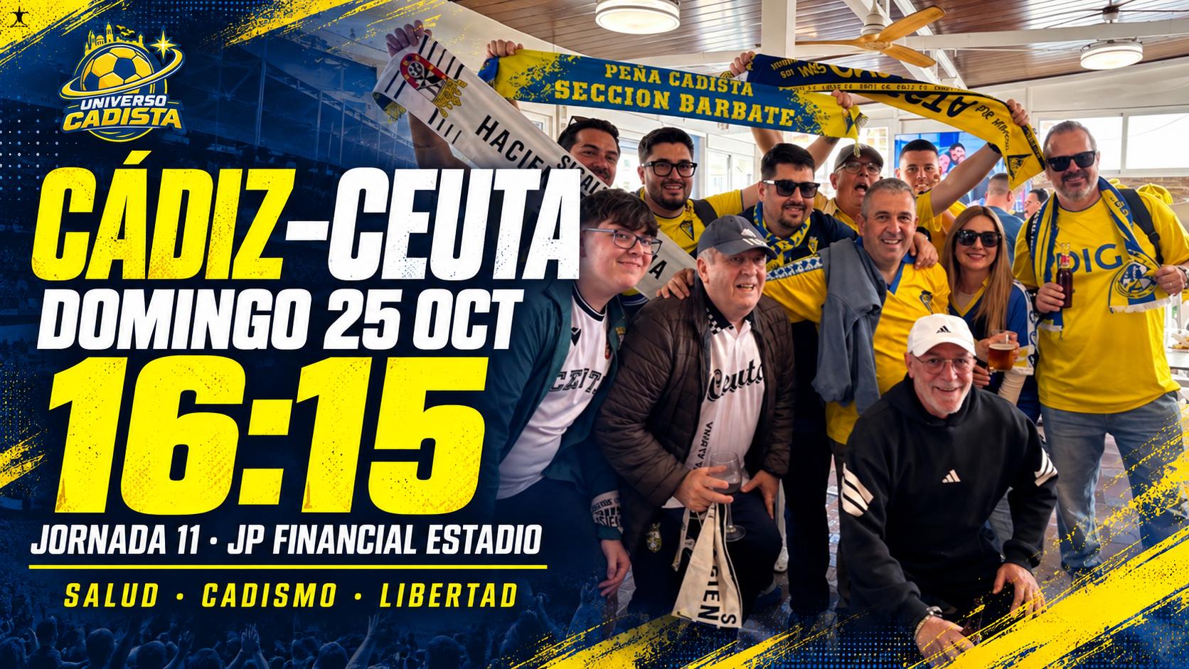 Montaje con el horario del Cádiz-Ceuta, domingo 25 de octubre a las 16:15 en el JP Financial Estadio, sobre una foto de aficionados cadistas y ceutíes juntos