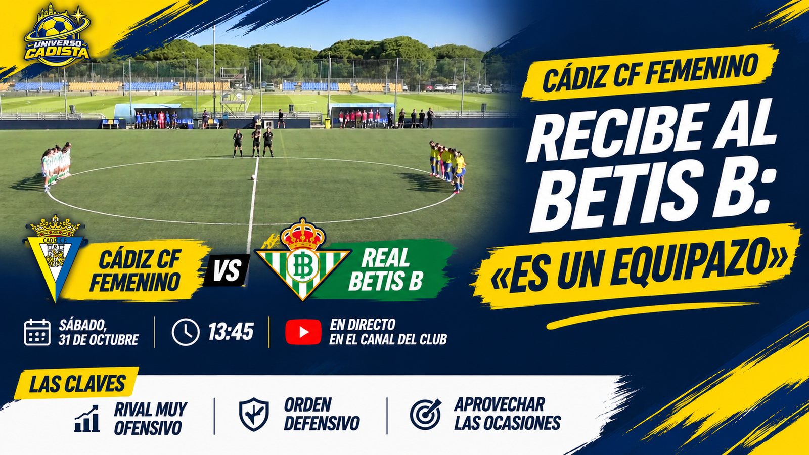 Montaje de Universo Cadista: las jugadoras del Cádiz CF Femenino y del Real Betis B en el centro del campo de la Ciudad Deportiva, junto al titular recibe al Betis B: es un equipazo