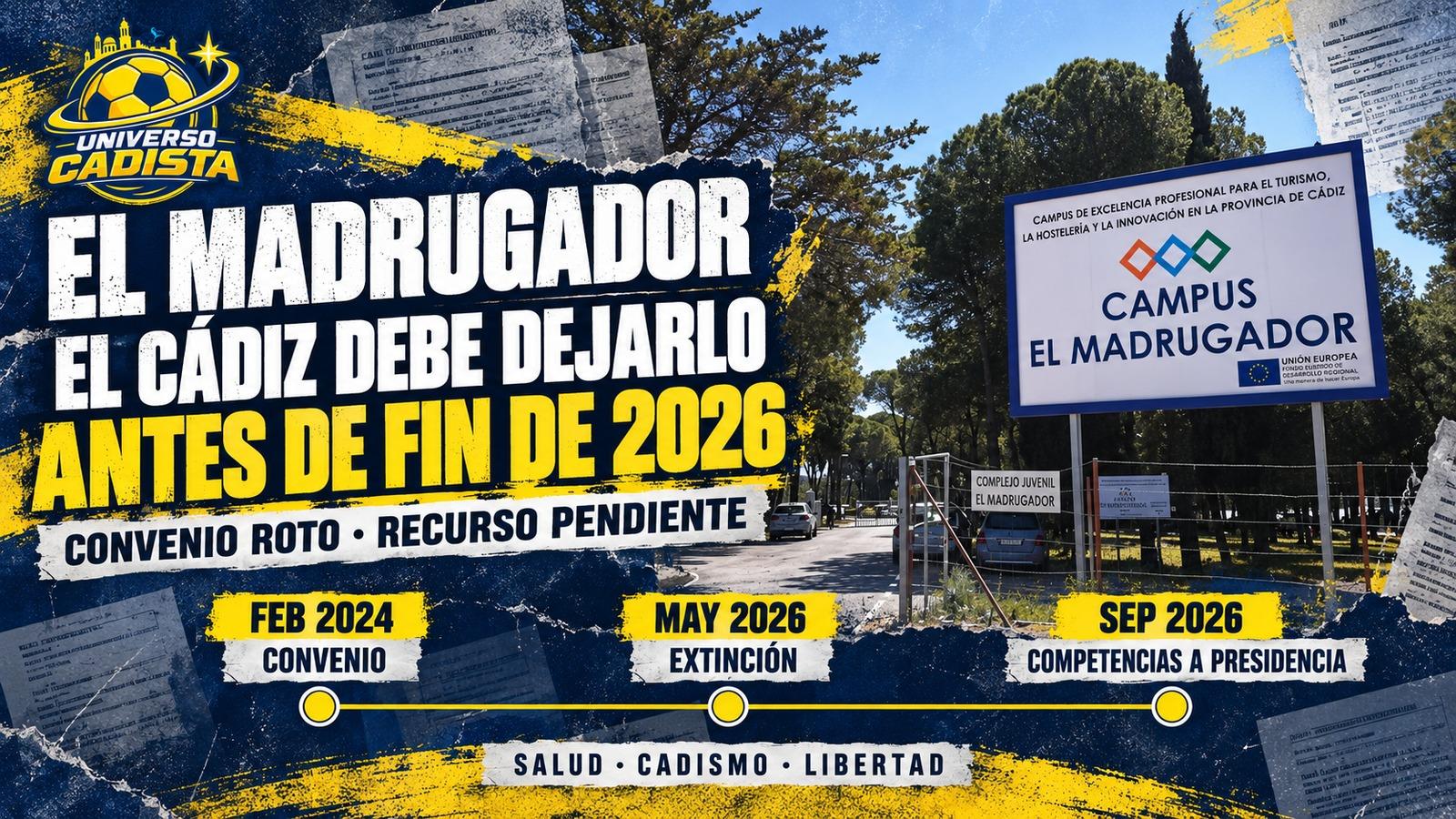 Montaje sobre El Madrugador, con la entrada del complejo juvenil de El Puerto: convenio de febrero de 2024, extinción en mayo de 2026, competencias devueltas a presidencia en septiembre y salida antes de fin de año