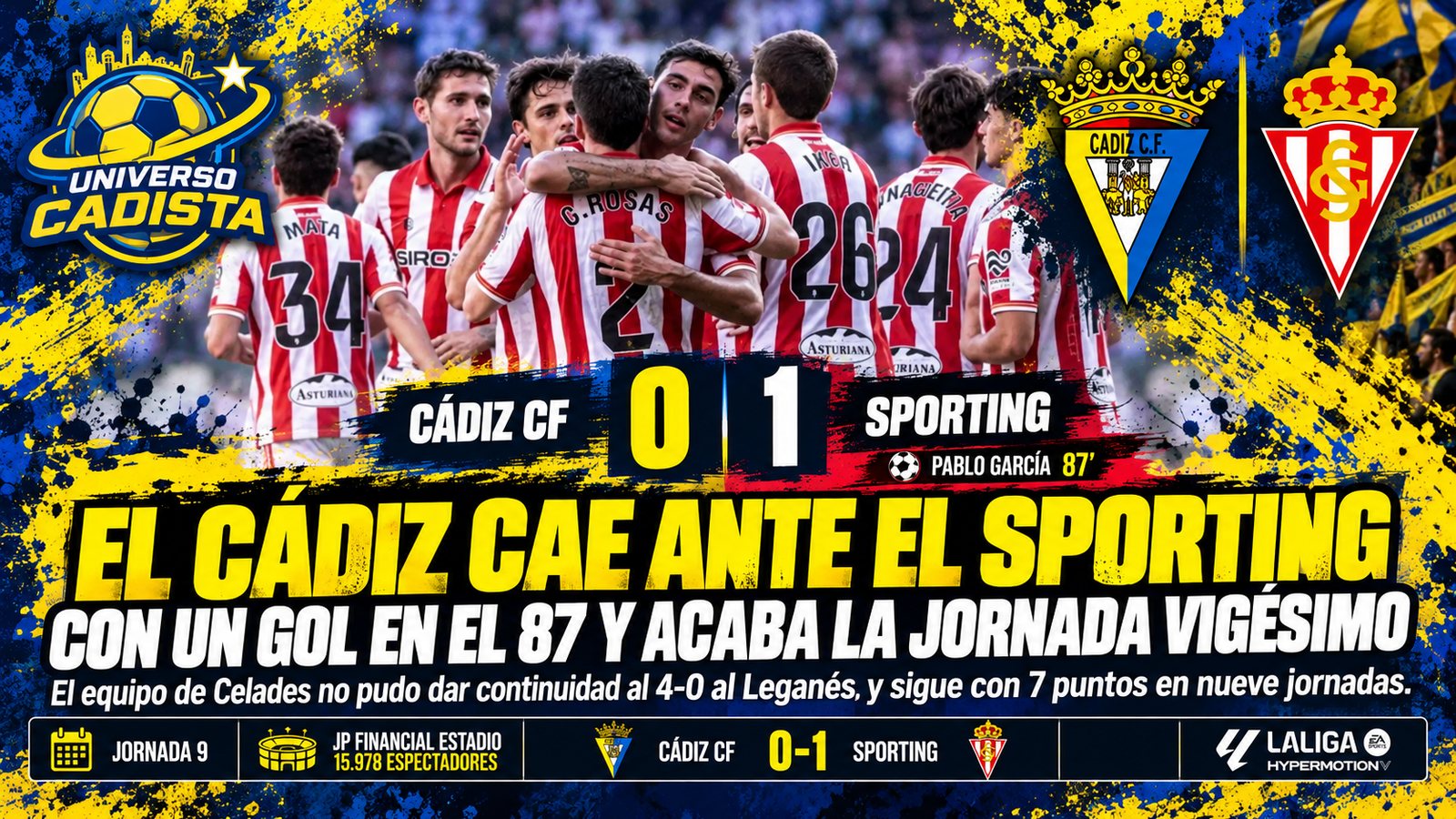 Montaje de la crónica del Cádiz 0-1 Sporting: jugadores del Sporting celebran el gol de Pablo García en el minuto 87, con los escudos de los dos equipos y el marcador