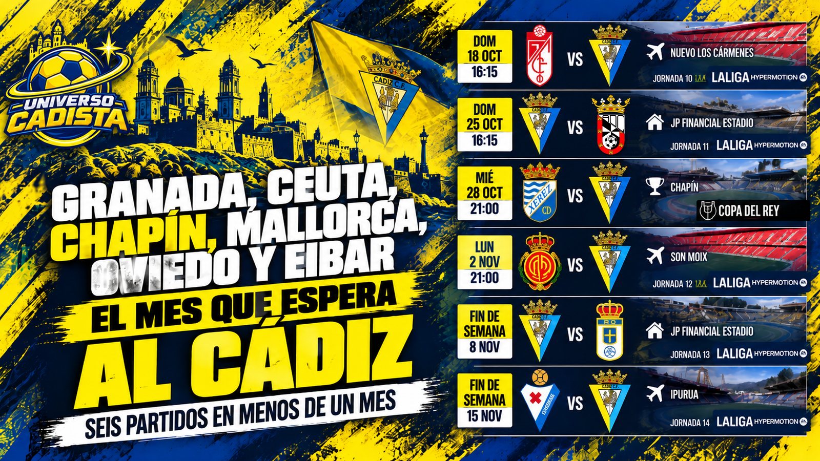Montaje con el calendario del Cádiz CF del 18 de octubre al 15 de noviembre, con los escudos de Granada, Ceuta, Xerez CD, Mallorca, Oviedo y Eibar, y el titular el mes que espera al Cádiz