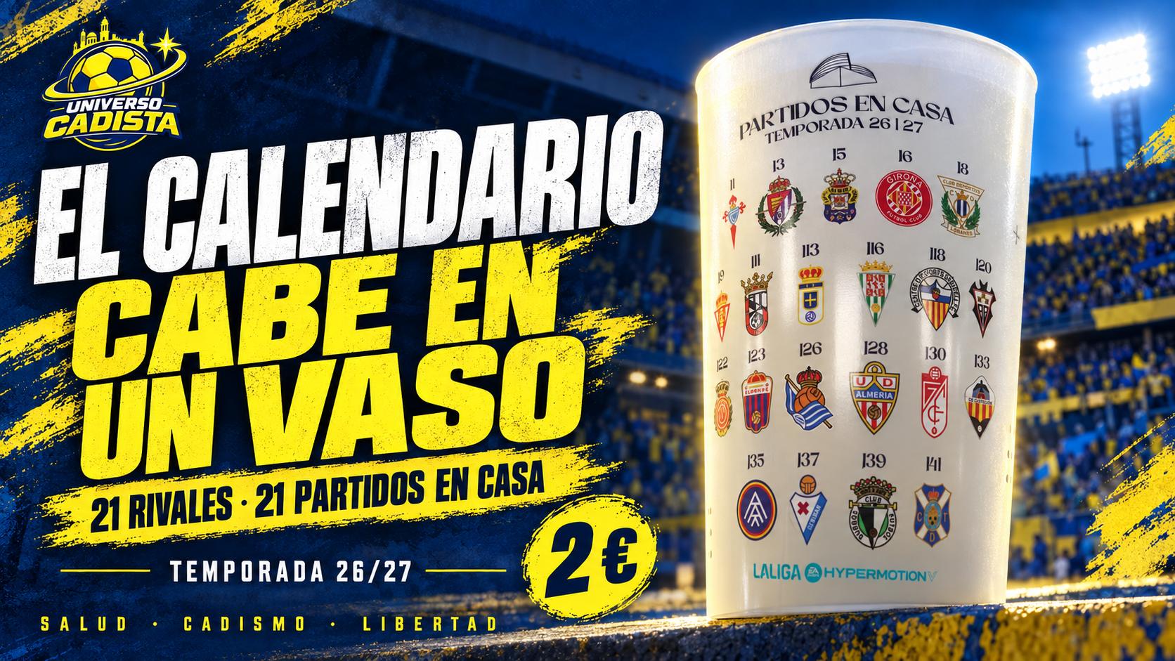 Montaje con el vaso reutilizable del Cádiz CF, a dos euros, con los escudos de los 21 rivales que visitan el JP Financial Estadio en la temporada 26/27 y la jornada de cada partido
