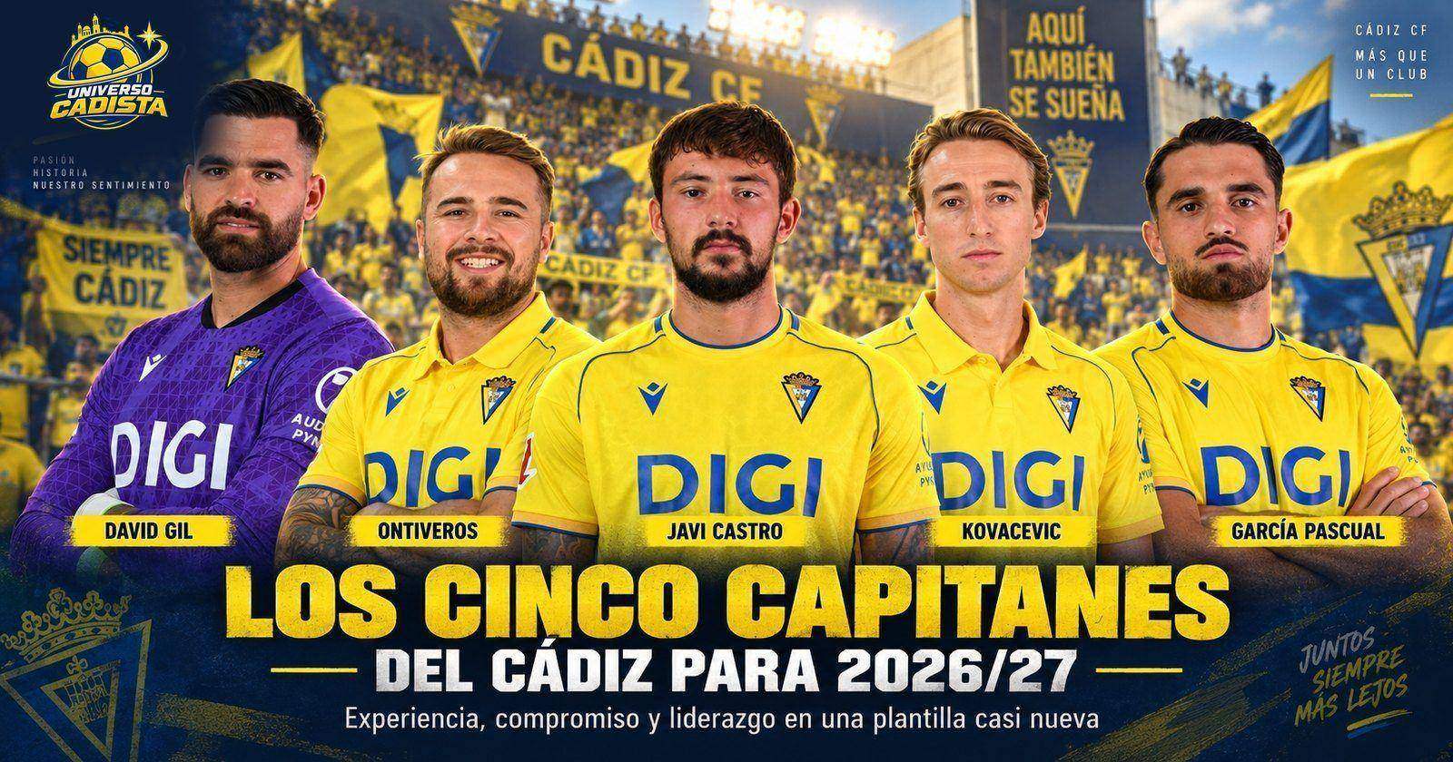 Los cinco capitanes del Cádiz CF para 2026/27: David Gil, Ontiveros, Javi Castro, Kovacevic y García Pascual, con la grada del Nuevo Mirandilla al fondo
