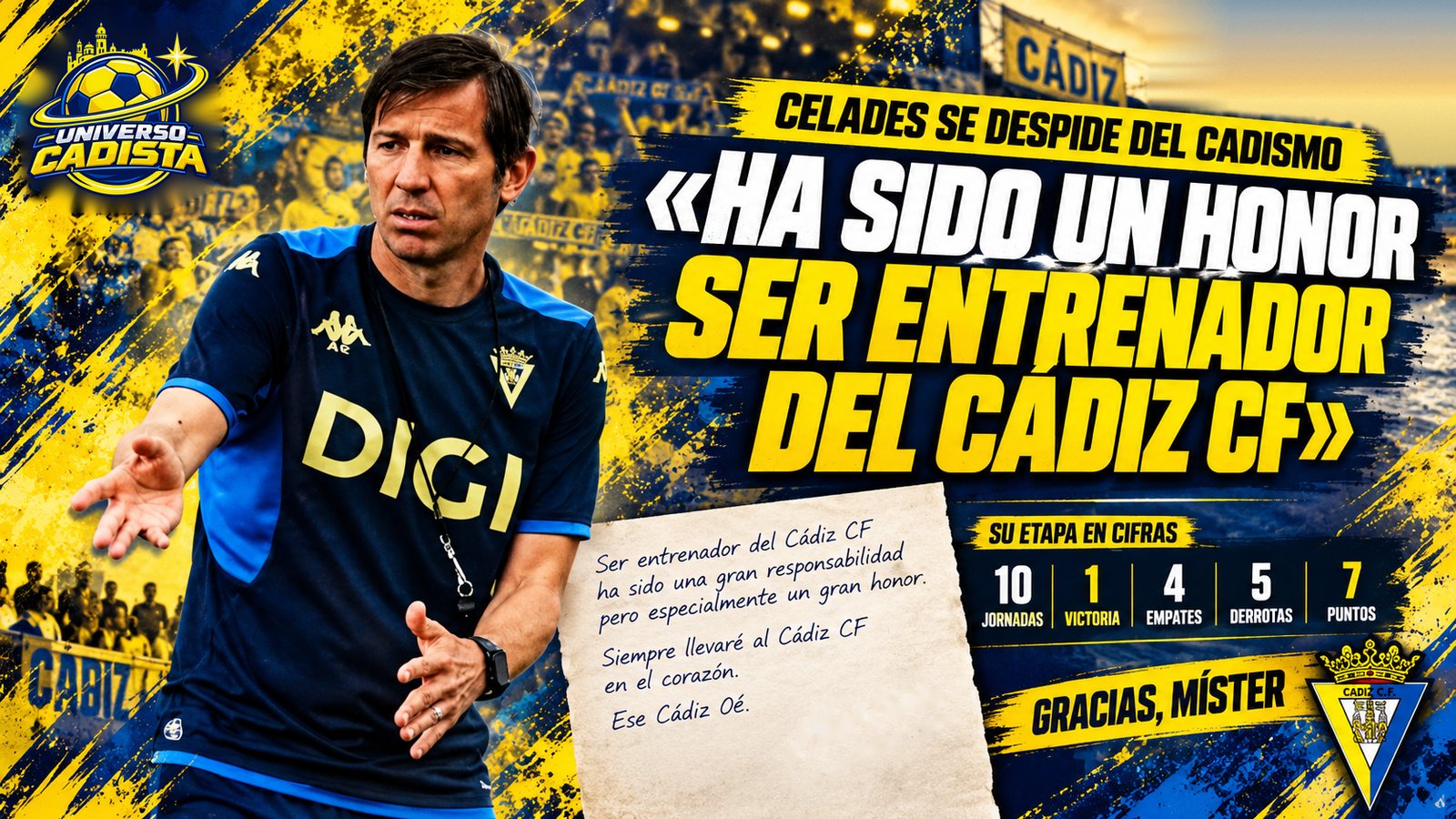 Montaje de Universo Cadista: Albert Celades con ropa de entrenamiento del Cádiz, el titular ha sido un honor ser entrenador del Cádiz CF, frases de su carta de despedida y su etapa en cifras: 10 jornadas, 1 victoria, 4 empates, 5 derrotas y 7 puntos