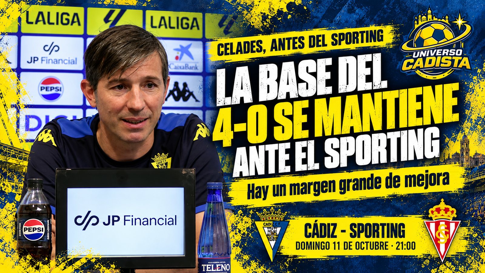 Montaje con Albert Celades en la sala de prensa del Cádiz CF y el titular: la base del 4-0 se mantiene ante el Sporting, con los escudos de los dos equipos y el partido del domingo 11 de octubre a las 21:00
