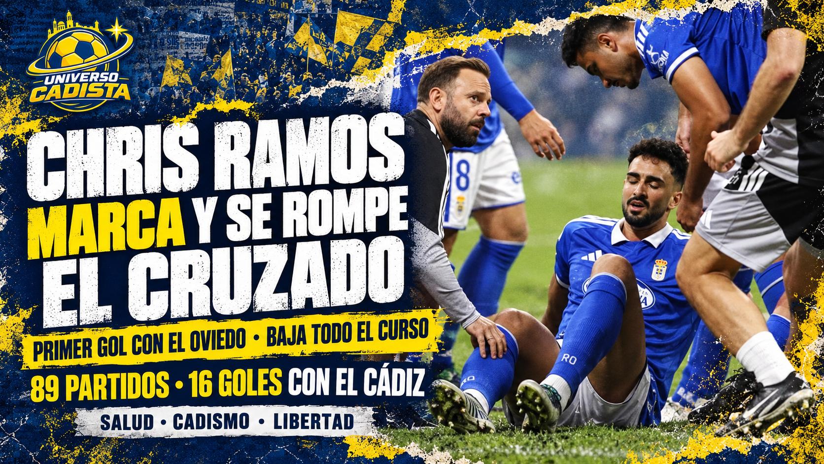 Montaje sobre la lesión de Chris Ramos, con la asistencia médica sobre el césped: marcó su primer gol con el Oviedo, se rompió el cruzado y es baja todo el curso tras 89 partidos y 16 goles con el Cádiz