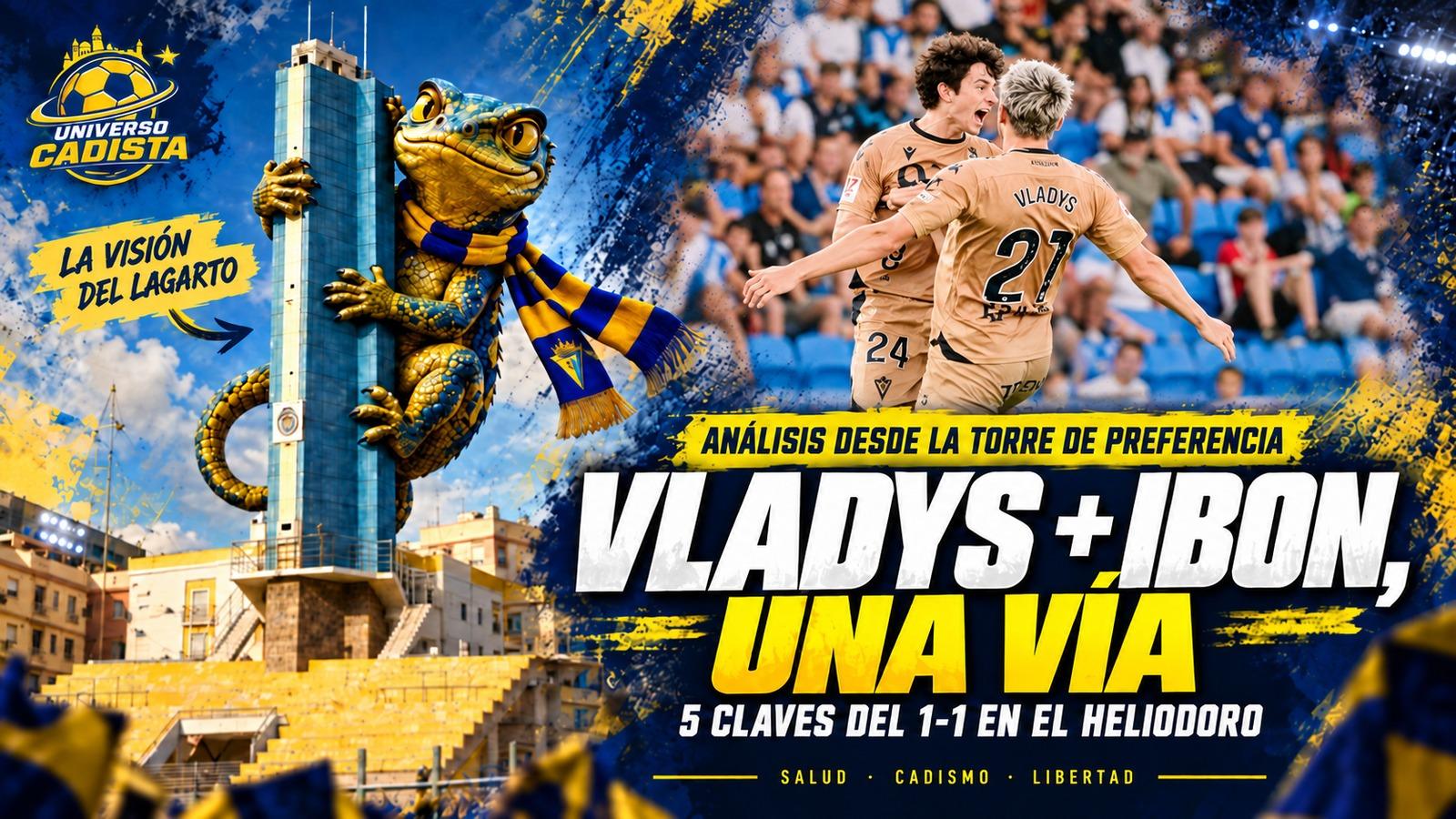 El Lagarto, con bufanda del Cádiz, agarrado a la Torre de Preferencia junto a la celebración del gol de Vladys Kopotun, con el dorsal 21, e Ibon Sánchez en el 1-1 del Heliodoro