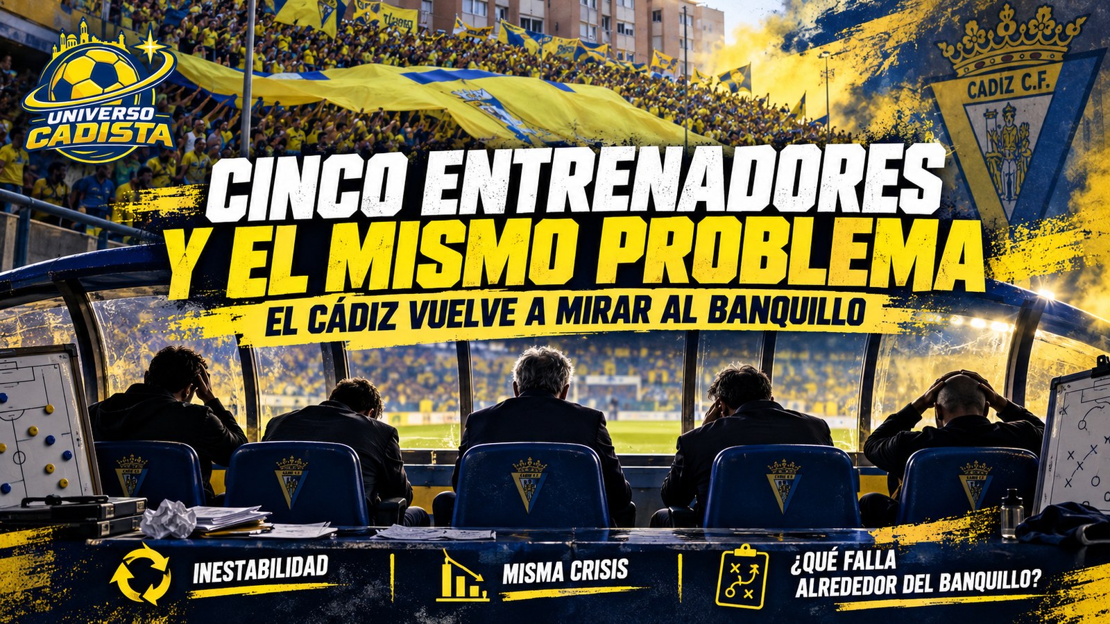 Montaje de Universo Cadista sobre la inestabilidad en el banquillo del Cádiz CF