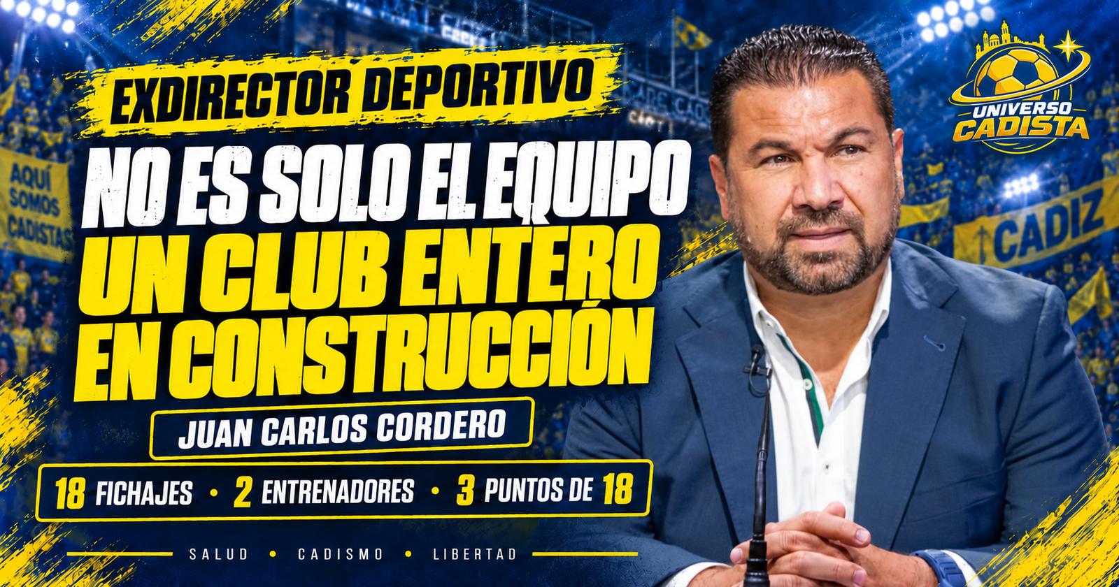 Montaje con Juan Carlos Cordero, exdirector deportivo del Cádiz, y su frase: no es solo el equipo, un club entero en construcción, con 18 fichajes, 2 entrenadores y 3 puntos de 18