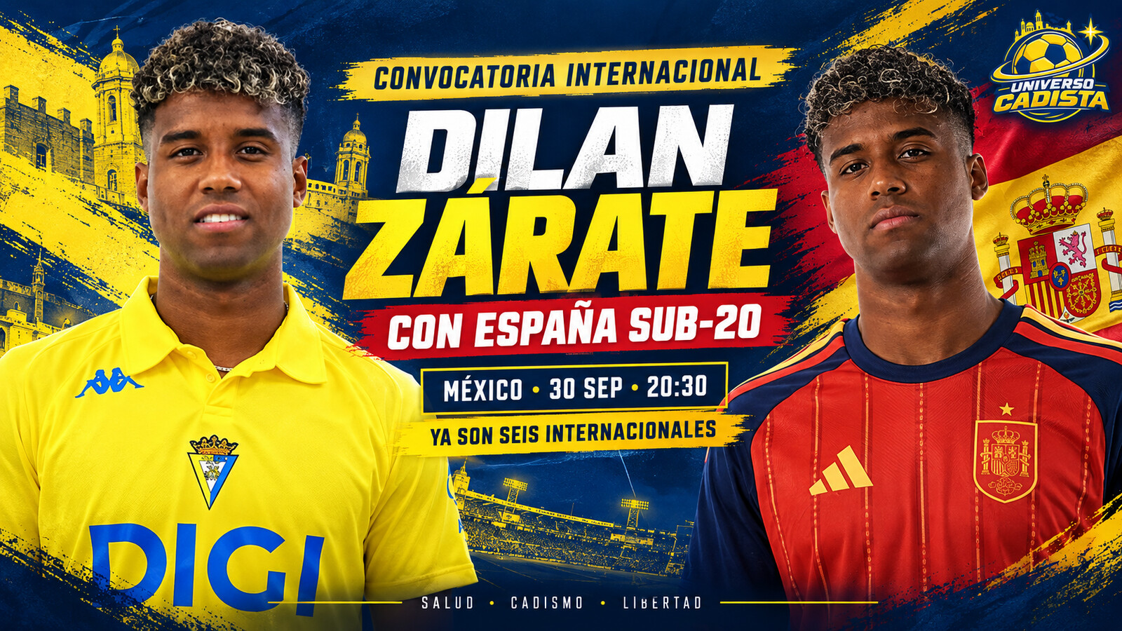 Dilan Zárate con las camisetas del Cádiz y de la selección española