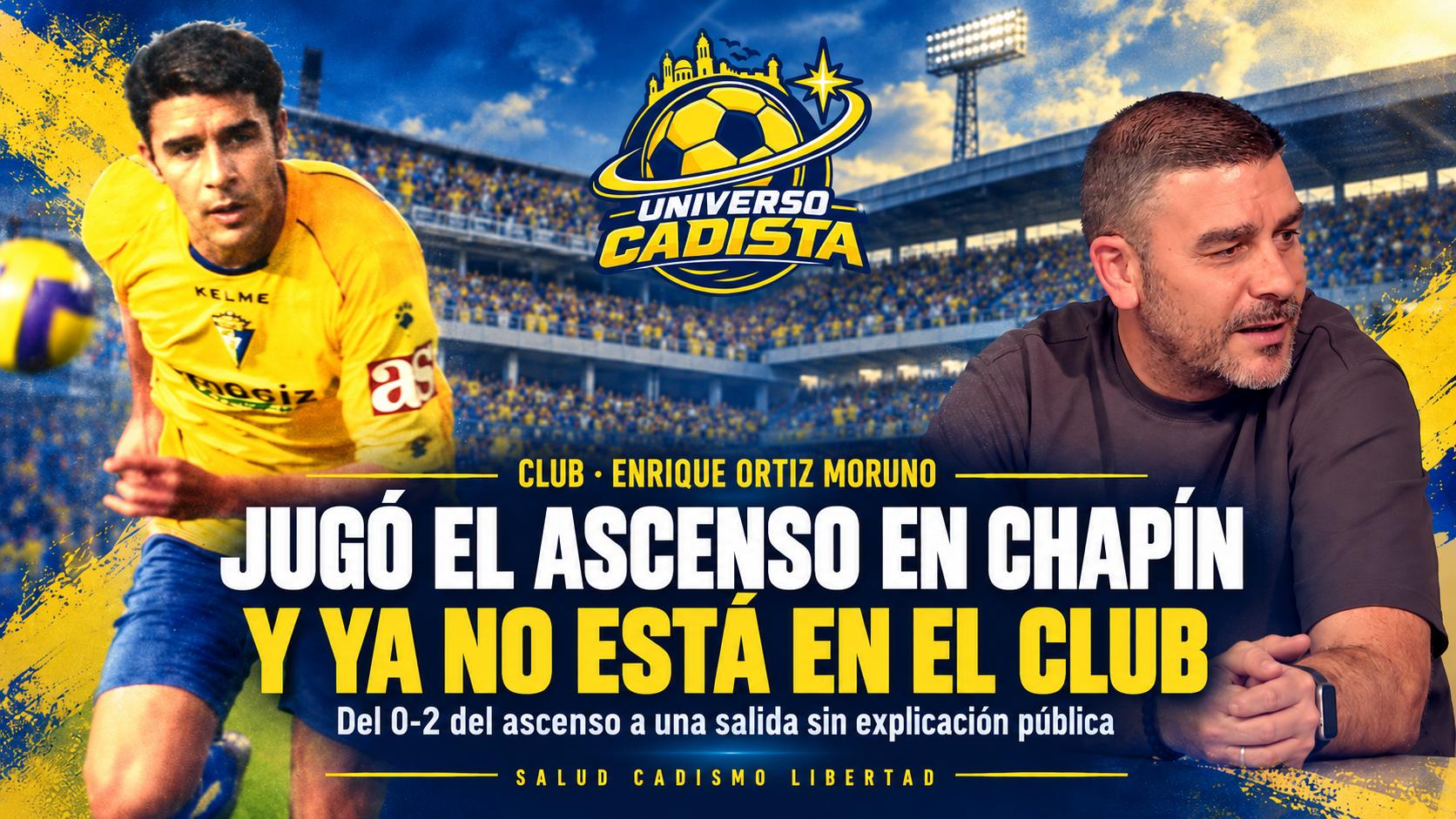 Montaje con Enrique Ortiz Moruno de joven, con la camiseta amarilla del Cádiz de la época del ascenso, junto a una imagen suya actual: del 0-2 del ascenso en Chapín a su salida del club