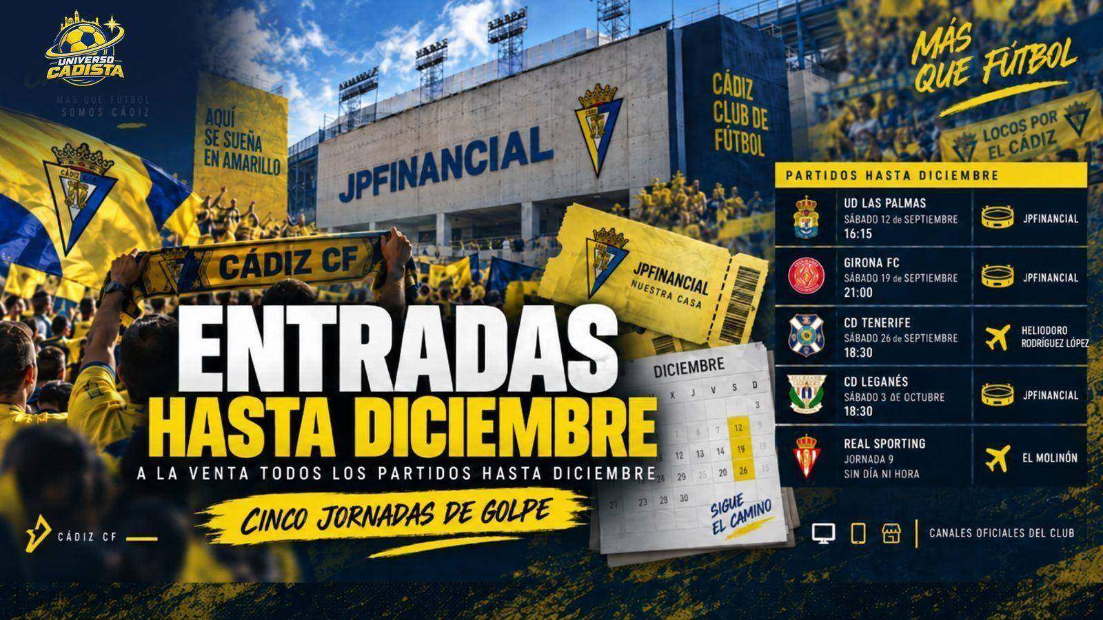 Afición del Cádiz con bufandas ante el estadio, junto al calendario de partidos hasta diciembre