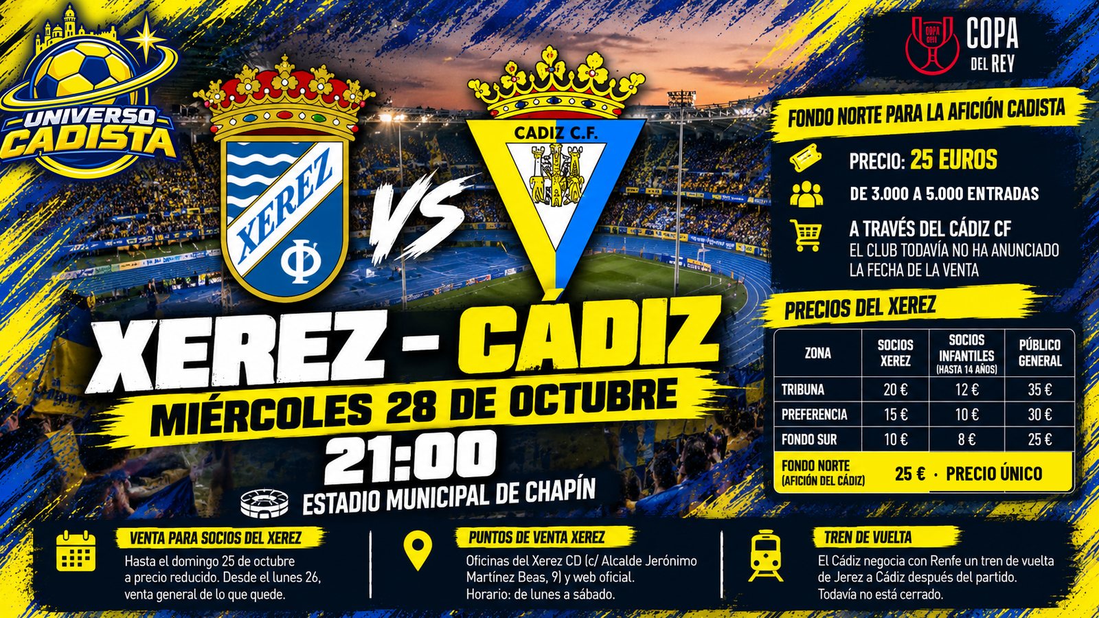 Montaje con los escudos del Xerez CD y del Cádiz CF sobre un estadio de noche: Xerez-Cádiz de Copa del Rey, miércoles 28 de octubre a las 21:00 en Chapín, con el Fondo Norte para la afición cadista a 25 euros y la tabla de precios del Xerez