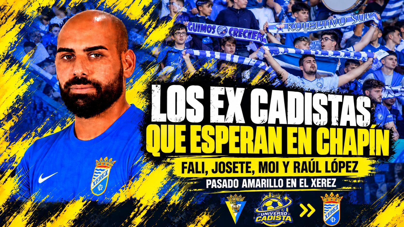 Montaje con Fali vestido de azul con el escudo del Xerez y la grada xerecista al fondo: los cuatro ex cadistas que esperan al Cádiz en Chapín son Fali, Josete, Moi y Raúl López