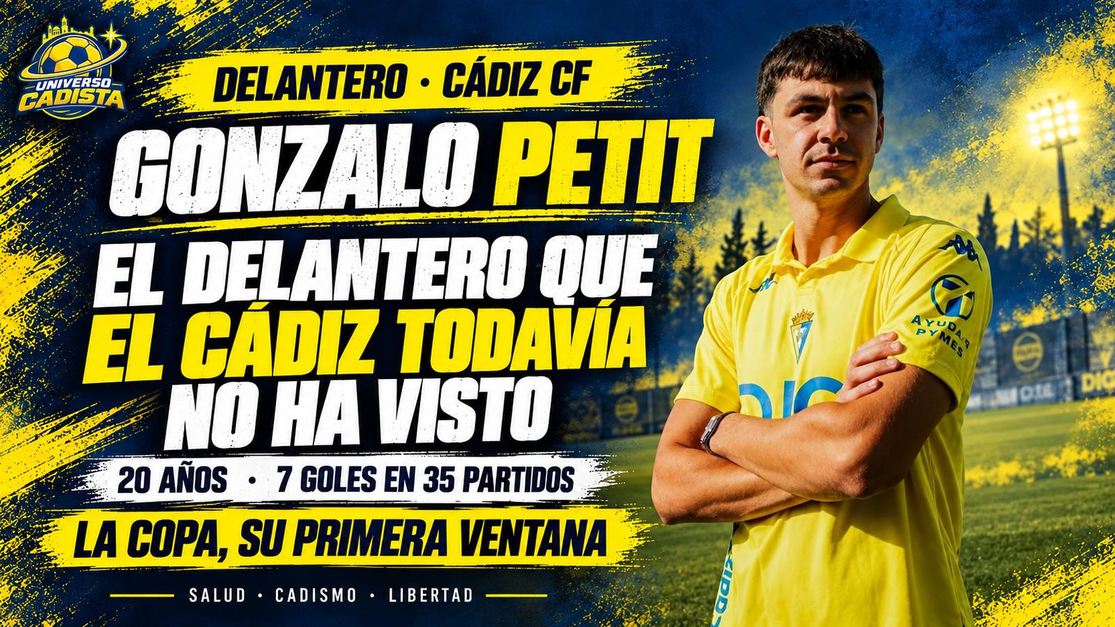 Montaje con Gonzalo Petit posando de brazos cruzados con la camiseta del Cádiz en la ciudad deportiva: veinte años, siete goles en treinta y cinco partidos y la Copa como su primera ventana