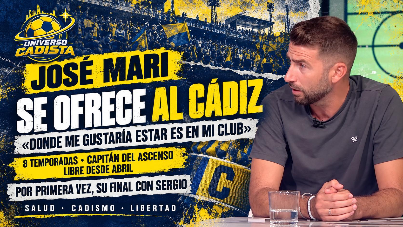 Montaje con José Mari Martín-Bejarano durante su entrevista en televisión: ocho temporadas en el Cádiz, capitán del ascenso, libre desde abril y su final con Sergio González contado por primera vez