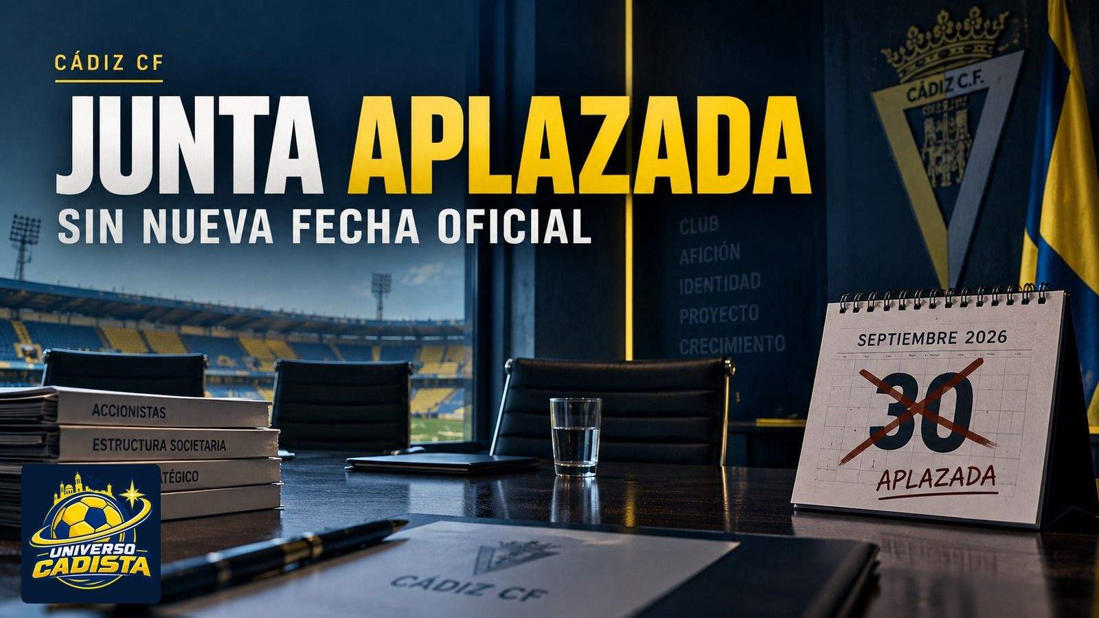 Montaje gráfico sobre la junta de accionistas aplazada del Cádiz CF