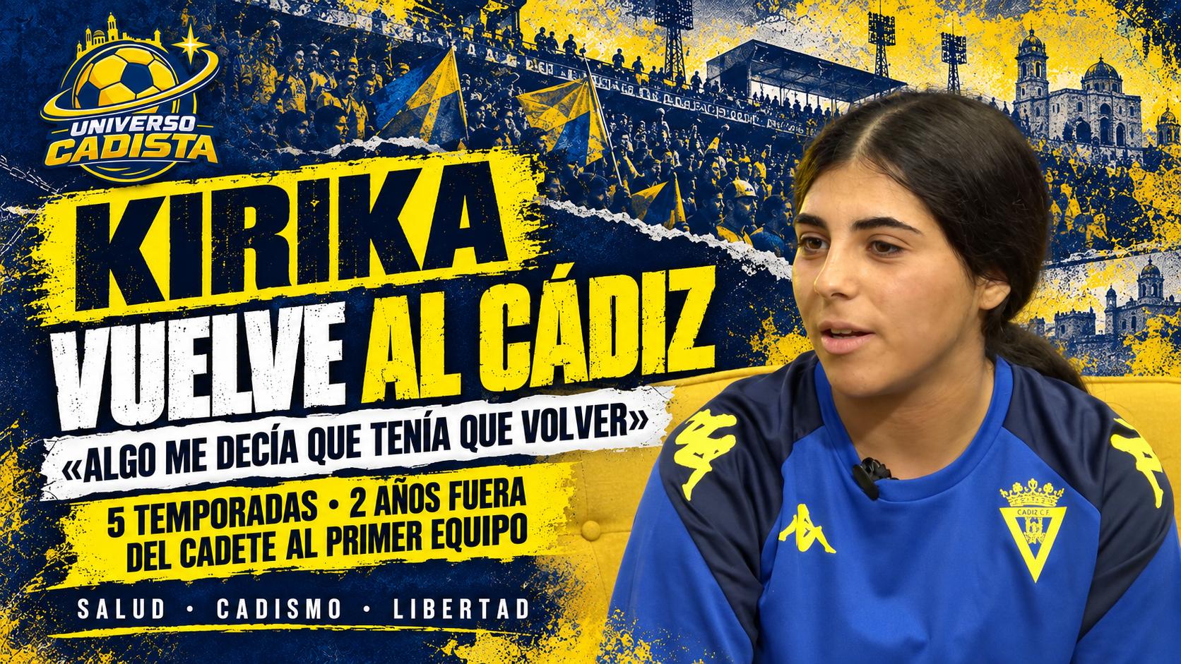 Montaje con Kirika, Ana Ramírez Brenes, durante su entrevista con la equipación del Cádiz: vuelve al club tras dos años fuera y cinco temporadas anteriores, del cadete al primer equipo