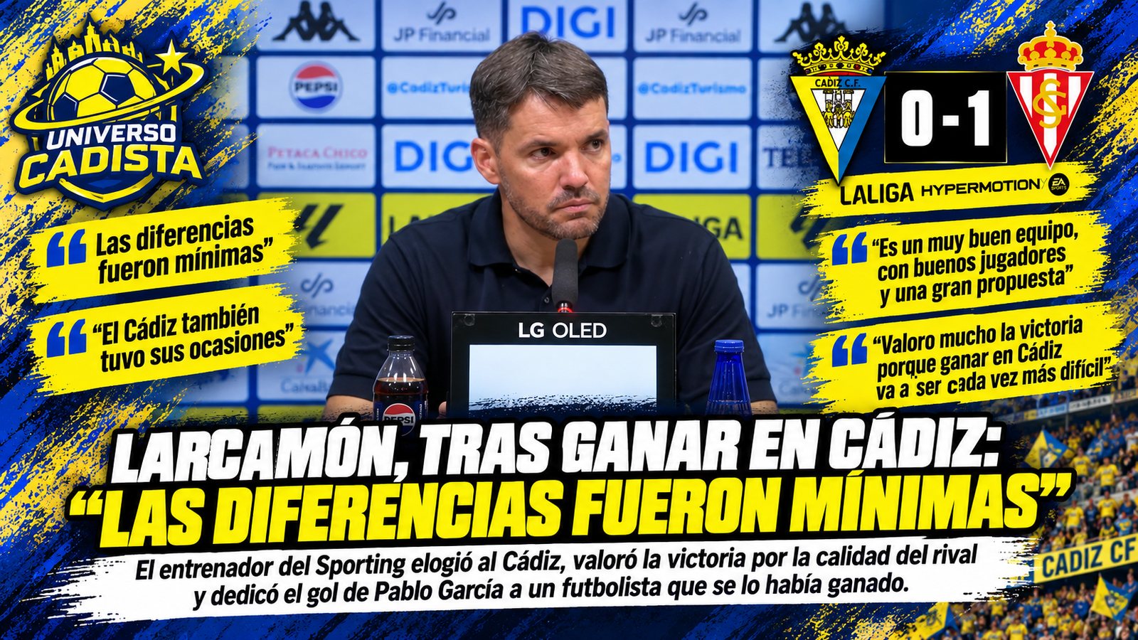 Montaje con Nicolás Larcamón en la sala de prensa del JP Financial Estadio tras el Cádiz 0-1 Sporting, con el titular: las diferencias fueron mínimas