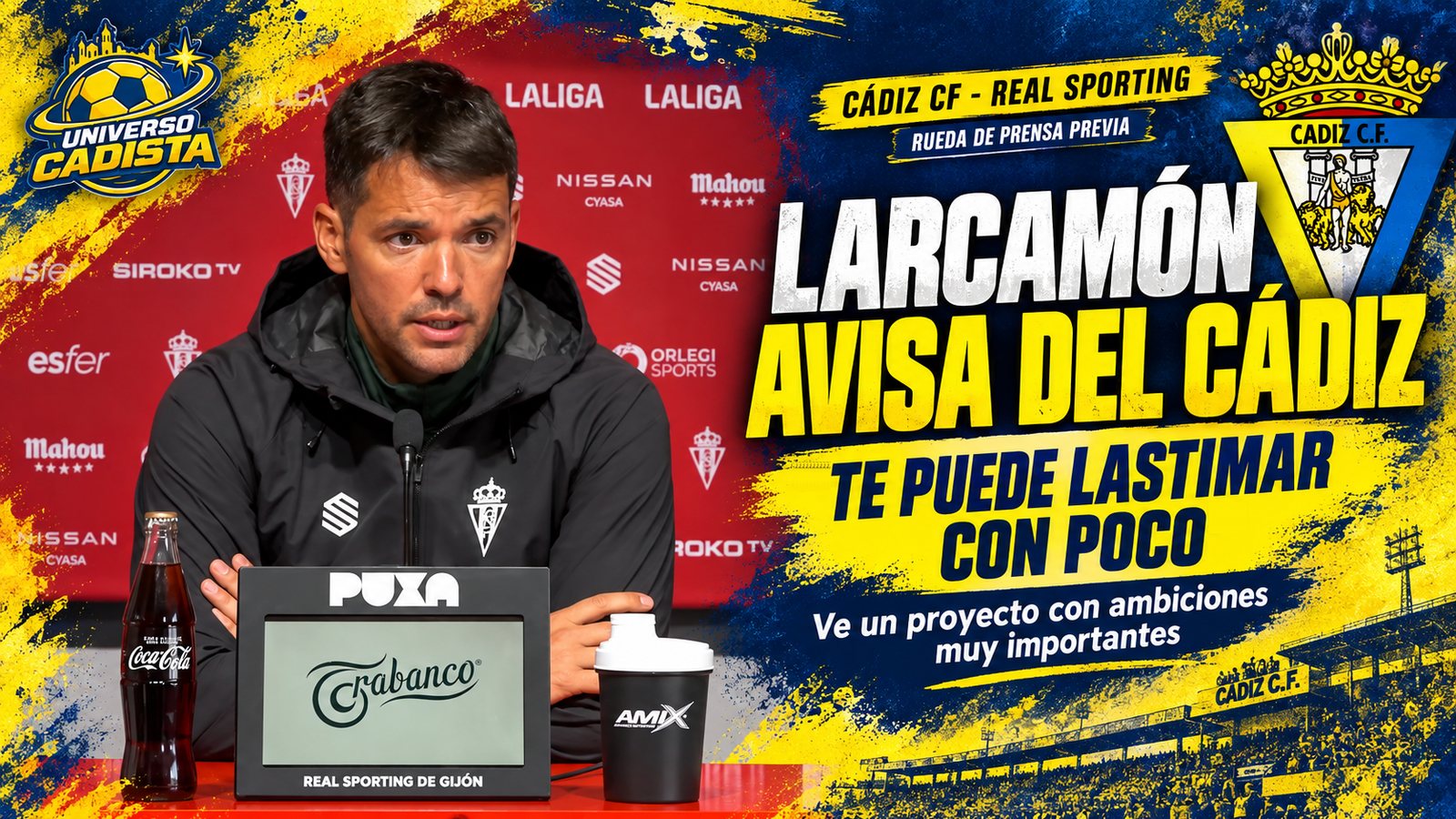 Montaje con Nicolás Larcamón en la sala de prensa del Sporting y el titular: Larcamón avisa del Cádiz, te puede lastimar con poco, junto al escudo del Cádiz CF