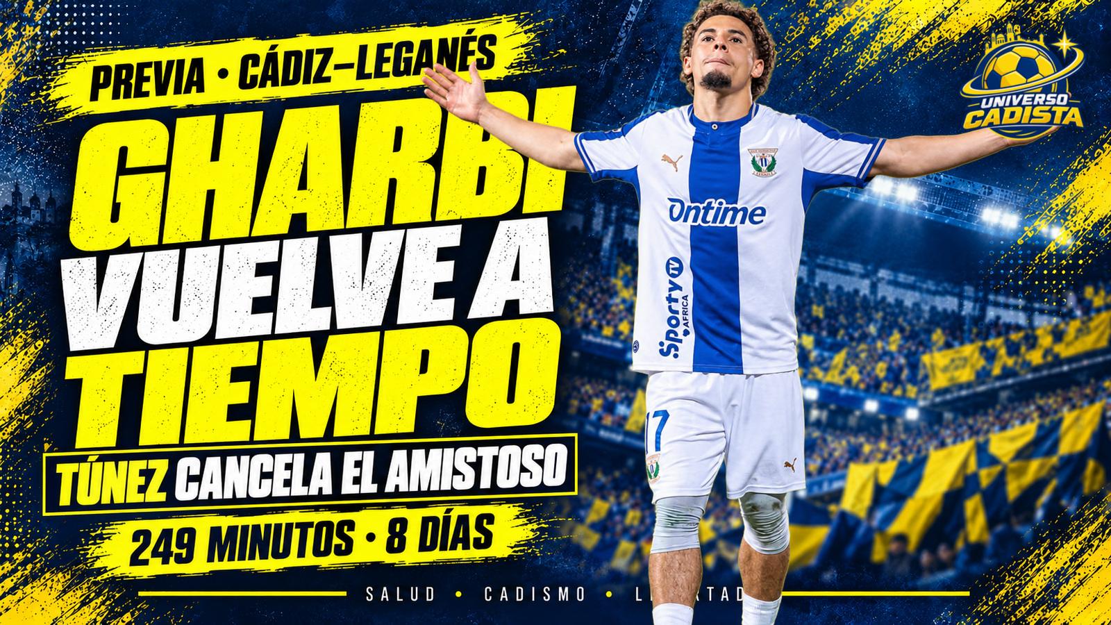Montaje con Ismaël Gharbi celebrando con los brazos abiertos y la primera equipación del Leganés: vuelve a tiempo para visitar al Cádiz tras cancelar Túnez el amistoso, con 249 minutos en ocho días