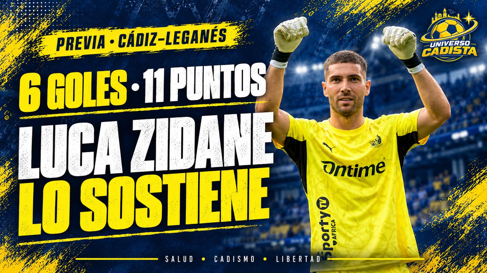 Montaje con Luca Zidane celebrando con los puños en alto y la equipación de portero del Leganés, junto al dato de que el equipo ha marcado seis goles y suma once puntos antes de visitar al Cádiz