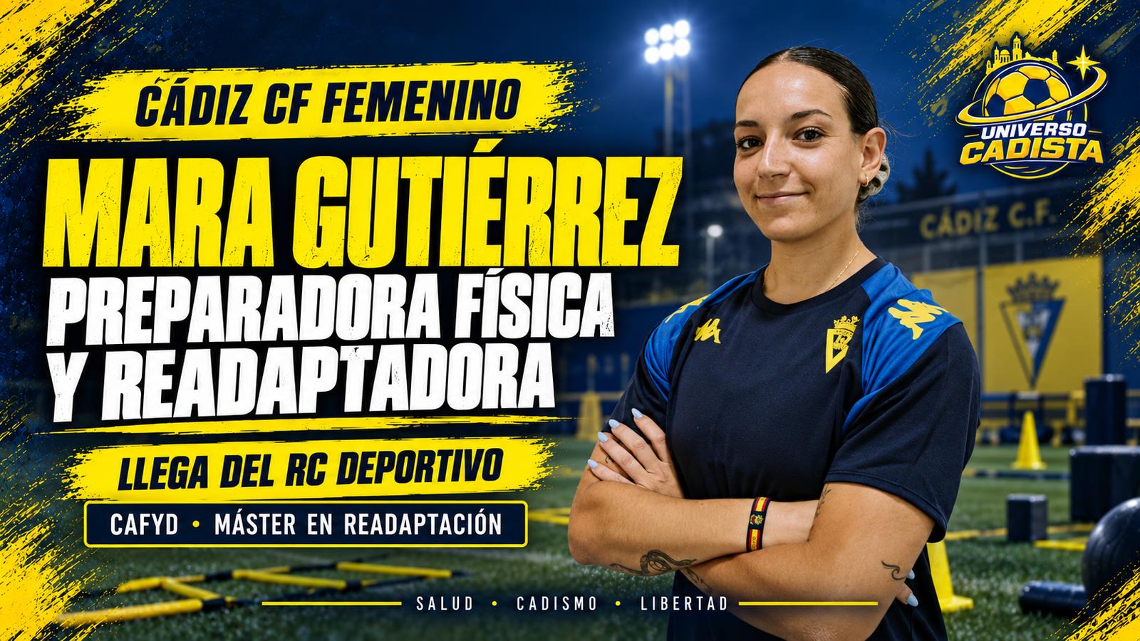 Montaje con Mara Gutiérrez con la equipación del Cádiz CF en el campo de entrenamiento: nueva preparadora física y readaptadora del femenino, llega del RC Deportivo, con CAFyD y máster en readaptación