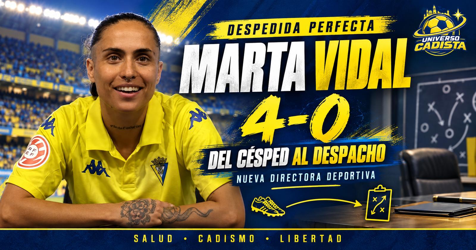 Montaje con Marta Vidal sonriendo con la camiseta del Cádiz CF Femenino: despedida con un 4-0 y paso del césped al despacho como nueva directora deportiva