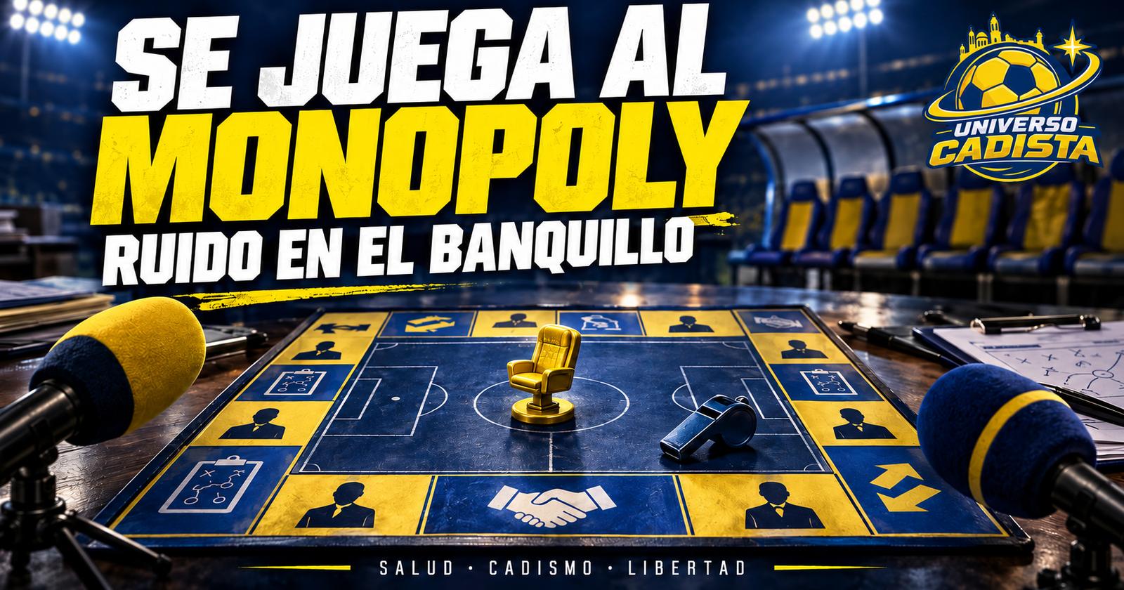Montaje con la frase de José González, “se juega al Monopoly”, sobre un tablero con un sillón dorado de entrenador en el centro del campo y micrófonos de rueda de prensa