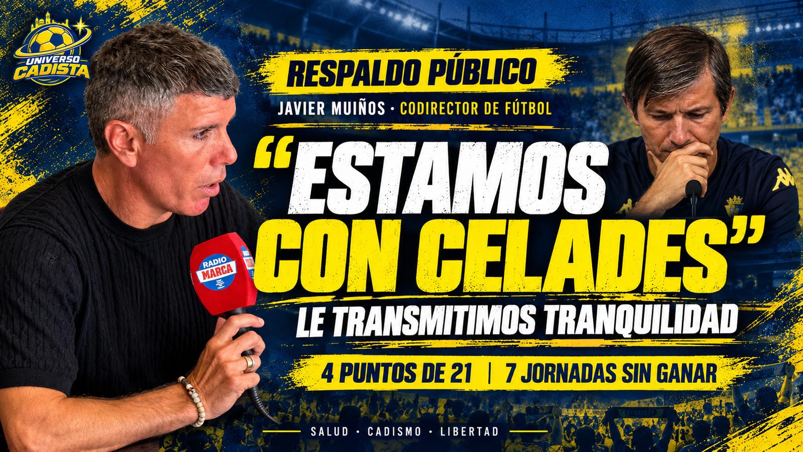 Montaje con Javier Muiños hablando ante un micrófono de Radio Marca junto a Albert Celades pensativo: respaldo público del codirector de fútbol al entrenador, con el Cádiz en cuatro puntos de veintiuno y siete jornadas sin ganar