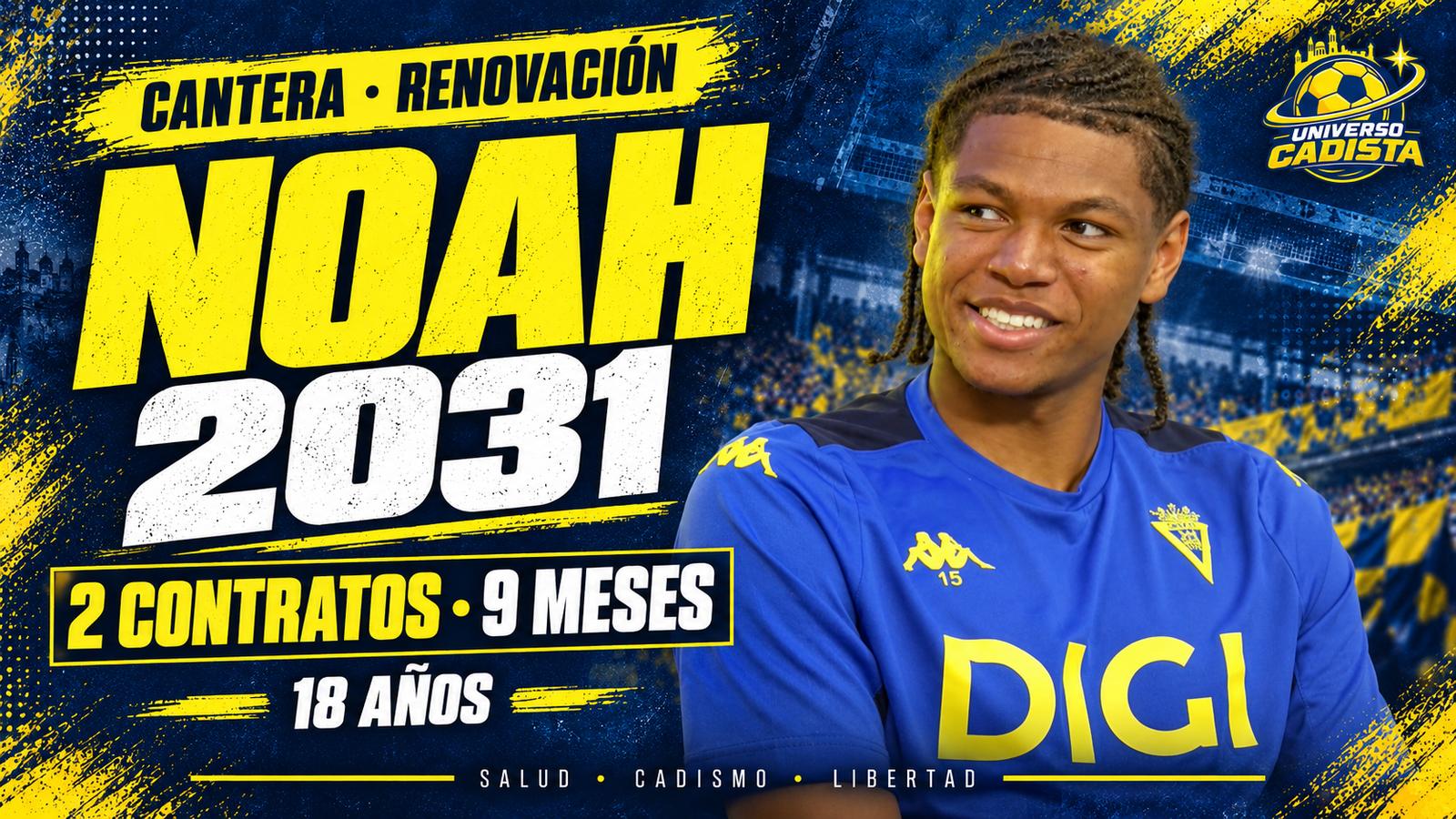 Montaje con Noah Ukwuije sonriendo durante su entrevista con la camiseta de entrenamiento del Cádiz: renovación hasta 2031, dos contratos en nueve meses y dieciocho años