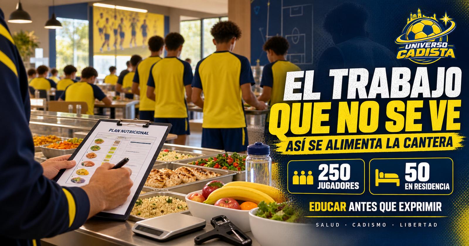 Montaje en el comedor de la residencia de la cantera del Cádiz, con las bandejas del menú y un plan nutricional en primer plano: 250 jugadores y 50 en residencia