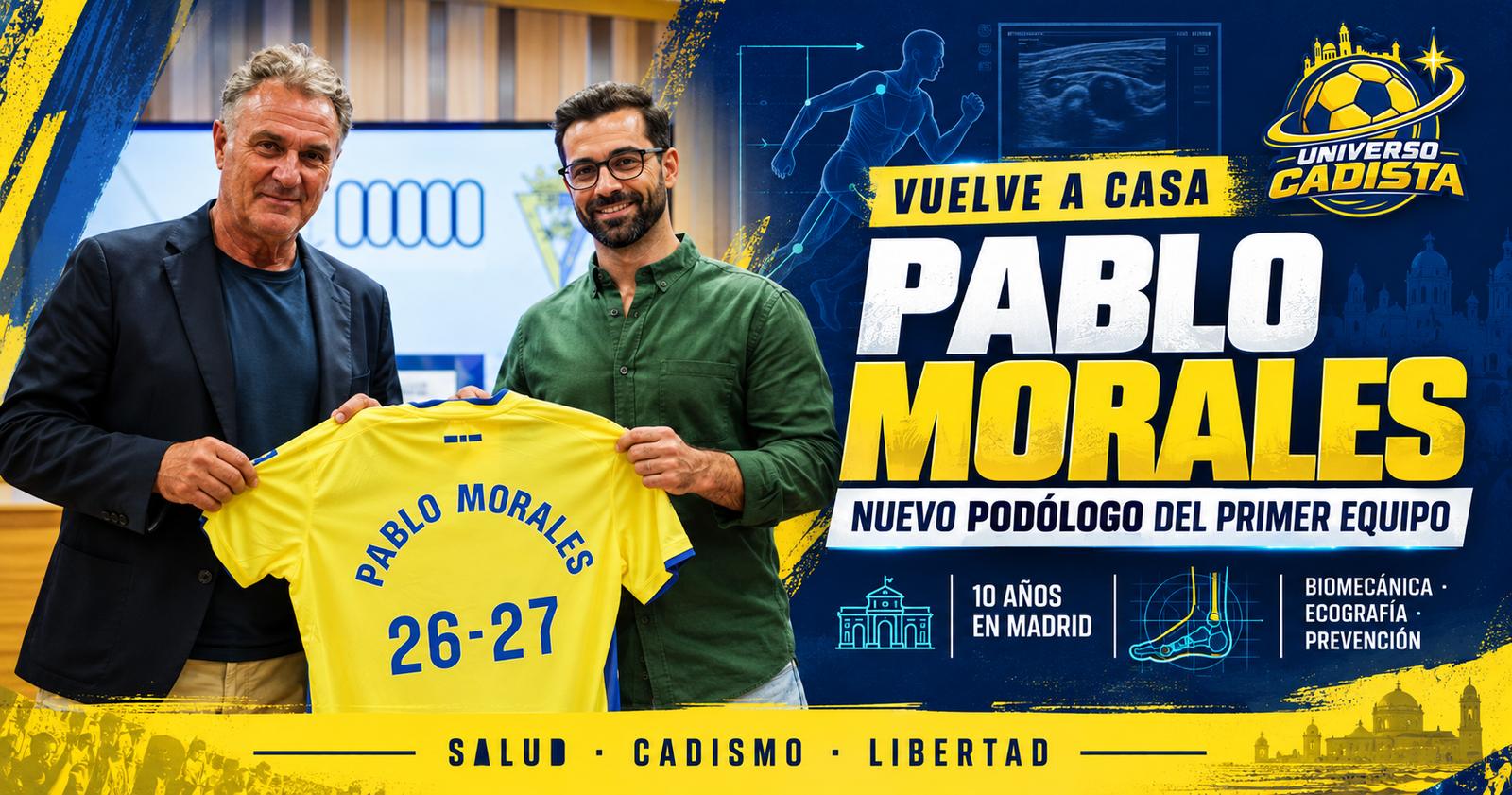 Montaje con Pablo Morales posando con una camiseta del Cádiz con su nombre y el 26-27: vuelve a casa tras diez años en Madrid como podólogo del primer equipo