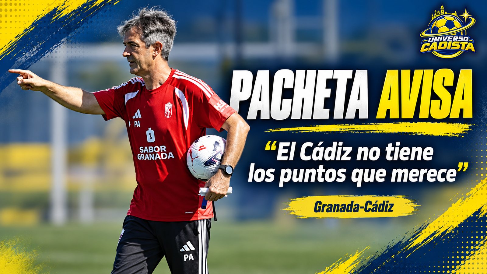 Montaje con Pacheta, entrenador del Granada CF, dando indicaciones en un entrenamiento con un balón bajo el brazo y el titular Pacheta avisa: el Cádiz no tiene los puntos que merece