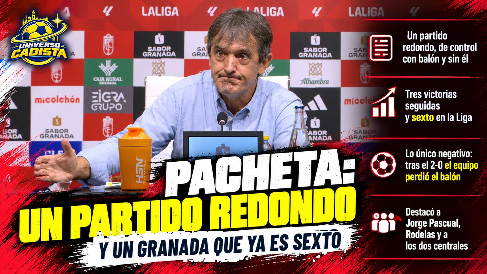 Montaje con Pacheta en la sala de prensa del Nuevo Los Cármenes y el titular Pacheta: un partido redondo y un Granada que ya es sexto, con tres victorias seguidas