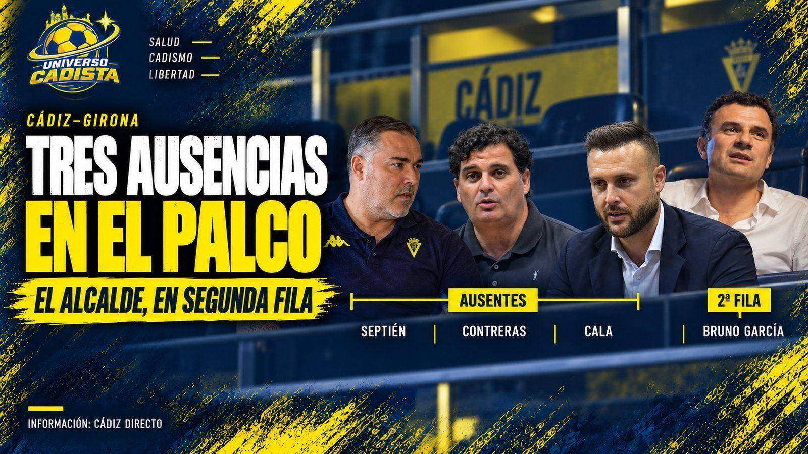 Montaje sobre el palco del Cádiz-Girona: ausencias de Christian Septién, Rafael Contreras y Juan Cala, y el alcalde en segunda fila