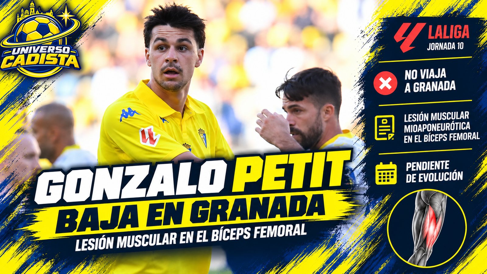 Montaje con Gonzalo Petit con la camiseta del Cádiz y el titular Gonzalo Petit, baja en Granada: lesión muscular en el bíceps femoral, pendiente de evolución