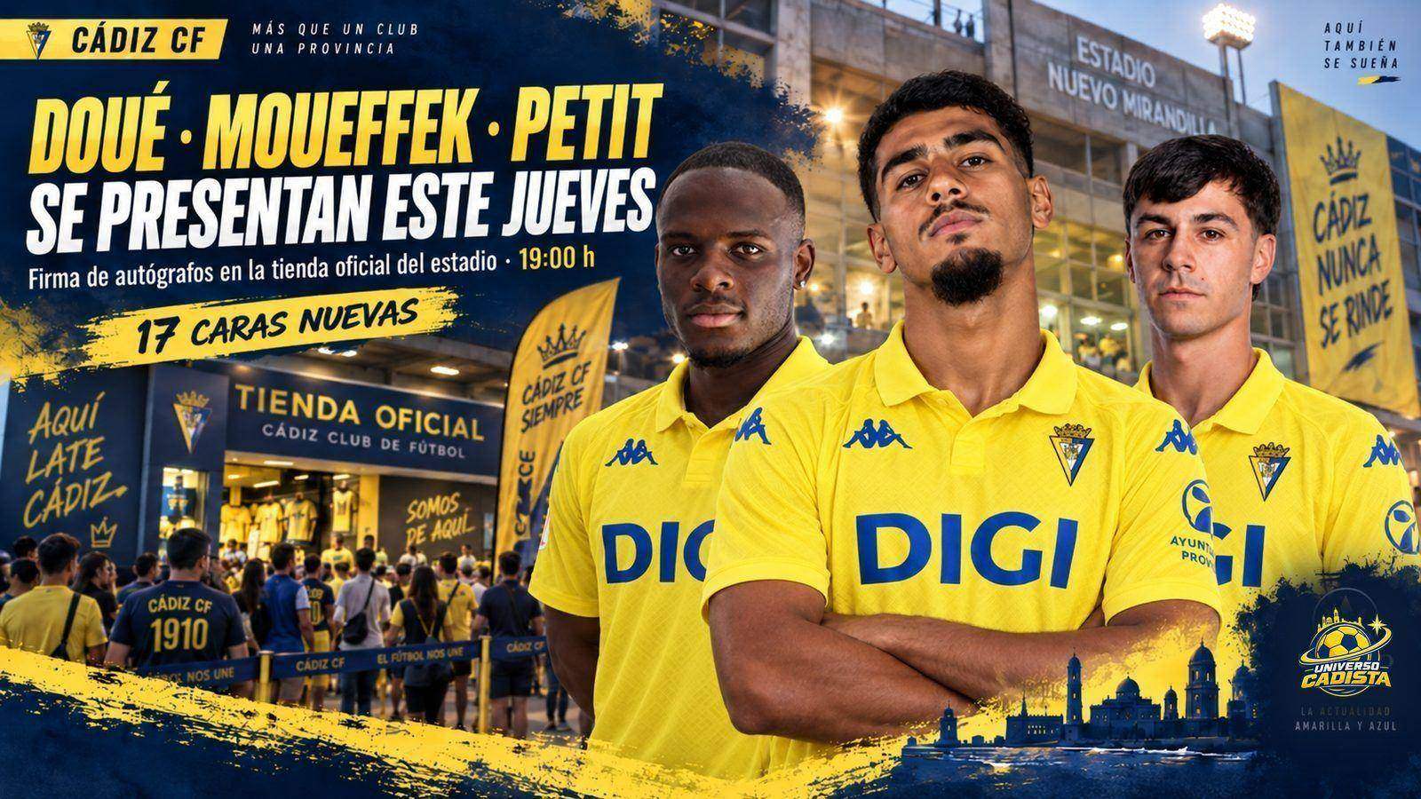 Montaje con Doué, Moueffek y Petit con la camiseta del Cádiz ante la tienda oficial del estadio