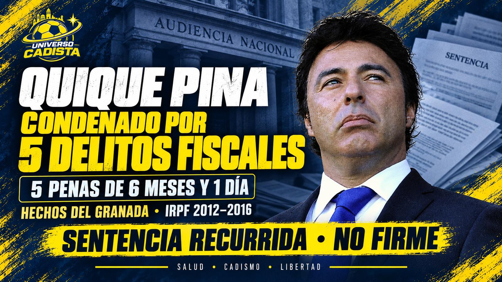 Montaje sobre la condena a Quique Pina: cinco delitos fiscales, cinco penas de seis meses y un día, hechos del Granada e IRPF de 2012 a 2016, con la sentencia recurrida y no firme