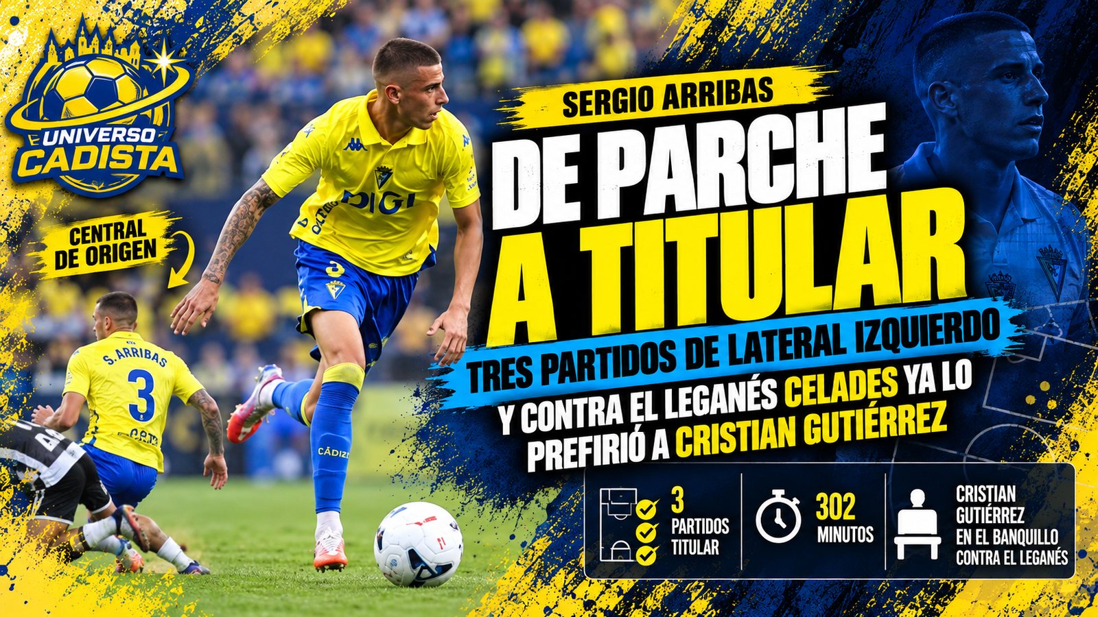 Montaje de Sergio Arribas con la camiseta del Cádiz CF, central de origen, junto a los datos de su paso al lateral izquierdo: tres partidos de titular, 302 minutos y Cristian Gutiérrez en el banquillo contra el Leganés