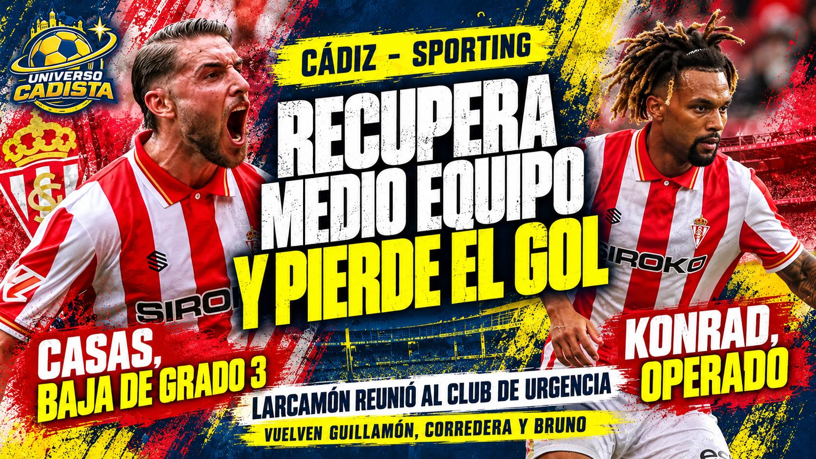 Montaje con dos futbolistas del Real Sporting antes de visitar al Cádiz: Antonio Casas, baja con lesión de grado 3, y Konrad de la Fuente, operado de la rodilla, además de las vueltas de Guillamón, Corredera y Bruno Rubio