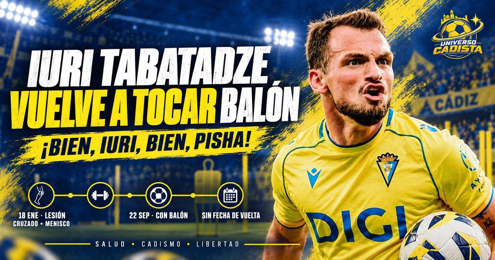 Montaje: Iuri Tabatadze vuelve a tocar balón. Línea de tiempo de su recuperación: lesión de cruzado y menisco el 18 de enero, gimnasio, trabajo con balón el 22 de septiembre y sin fecha de vuelta